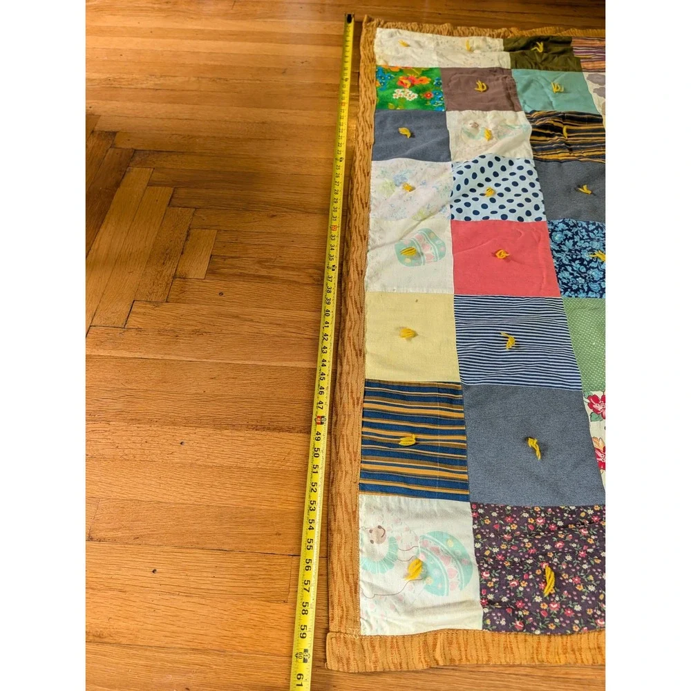 Vintage Handmade Tied Patchwork Quilt Multi Color Floral Stripe Cotton 60x74